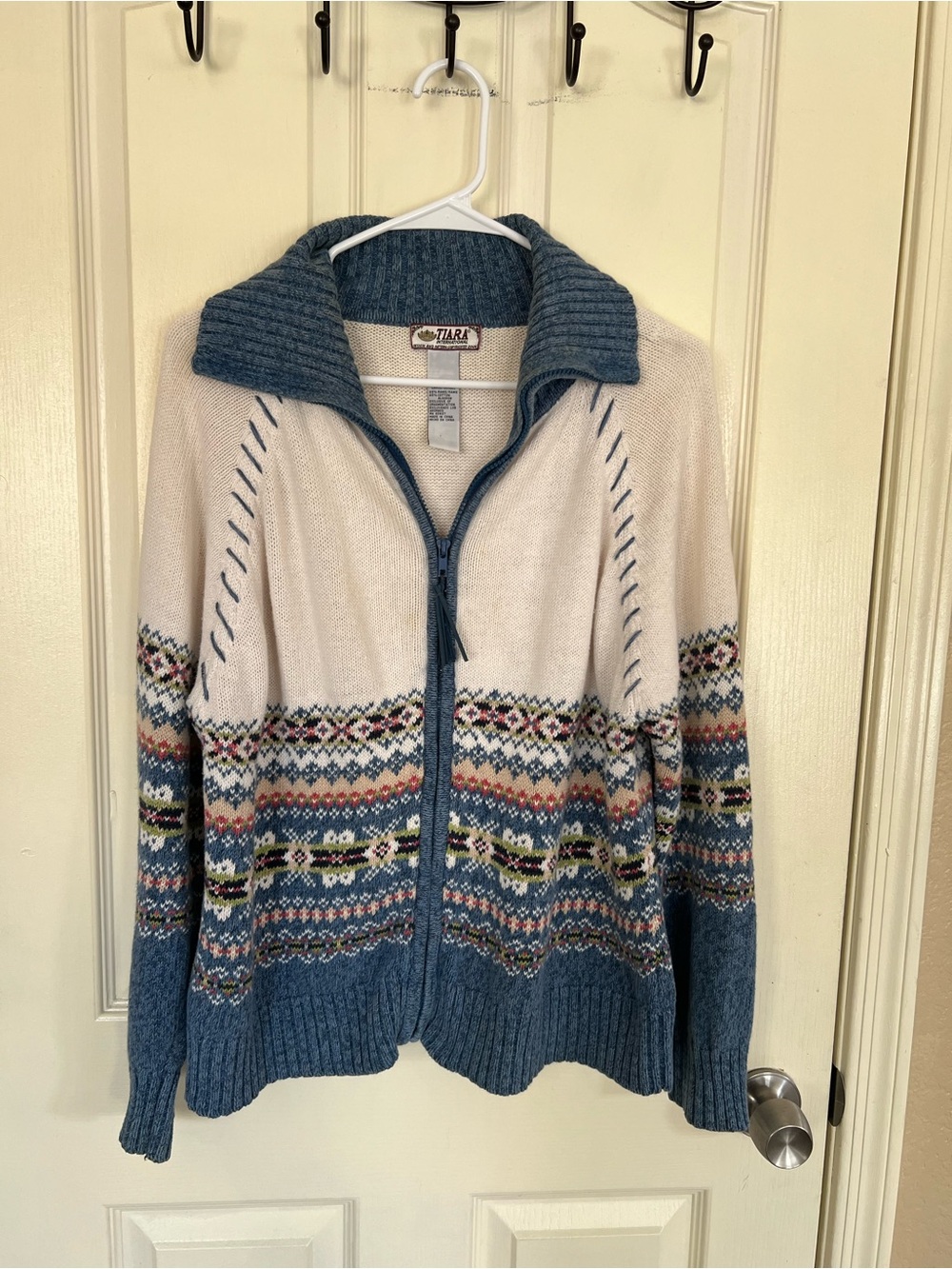 Vintage Tiara International Ramie Cotton Fair Isle Cardigan L Blue Boho